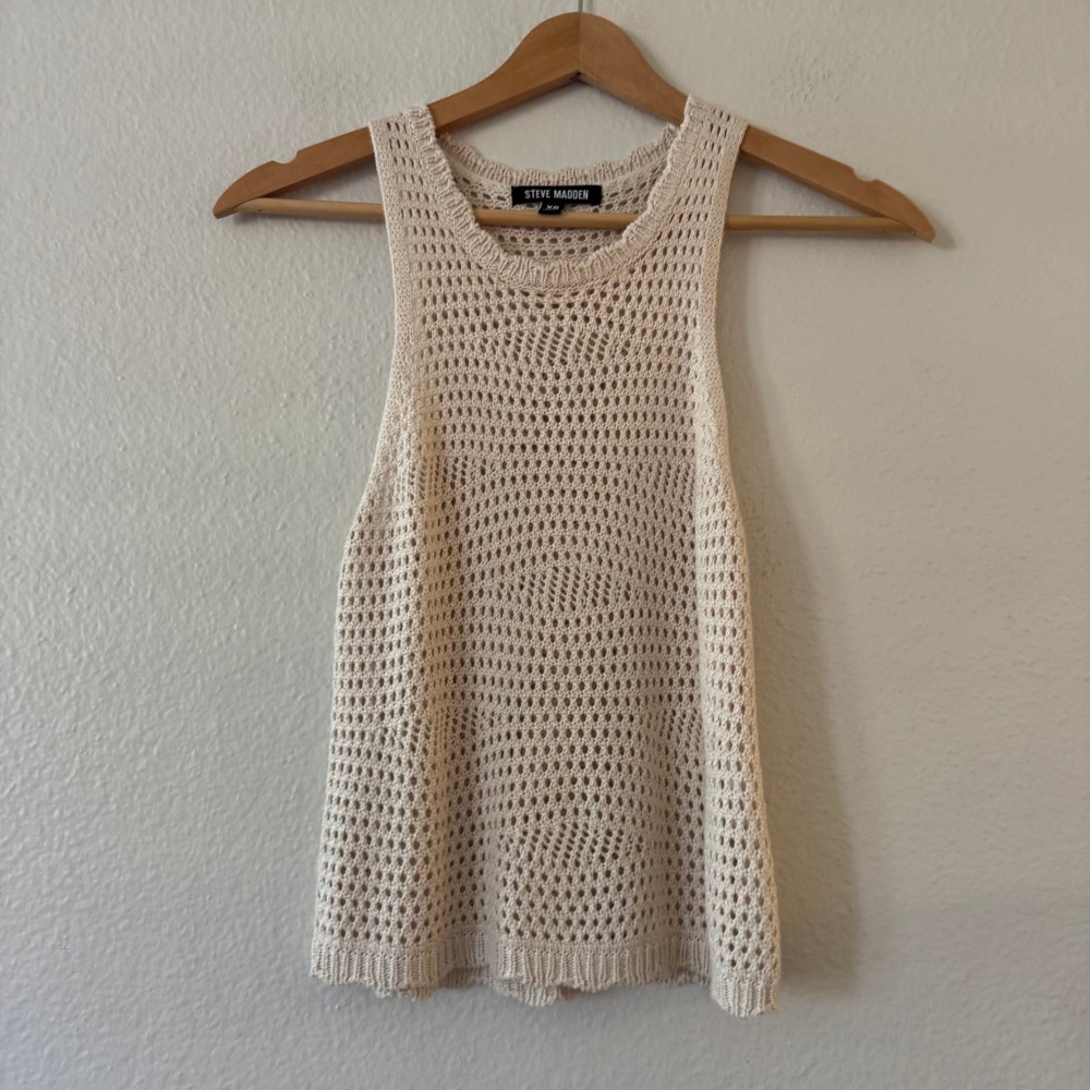 Steve Madden Open Knit Tank Top Crochet Boho Sleeveless XS Cream Beige Excellent